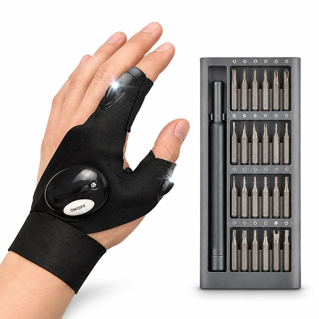 پکیج پیچ گوشتی 24 سر دستکش چراغ دار گلولایت مدل Tactical